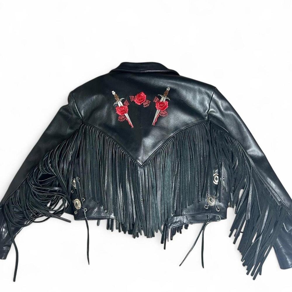 Black Leather Jacket with Red Rose Embroidery and Fringe and removable lining